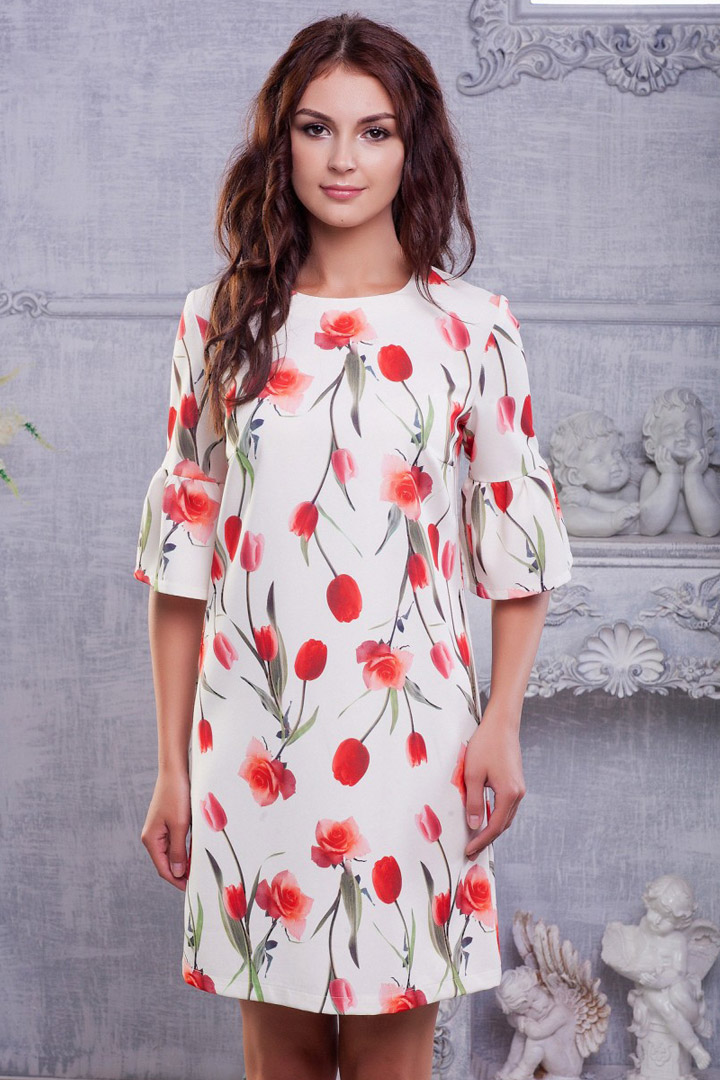 Фото товара 16629, белое платье с тюльпанами